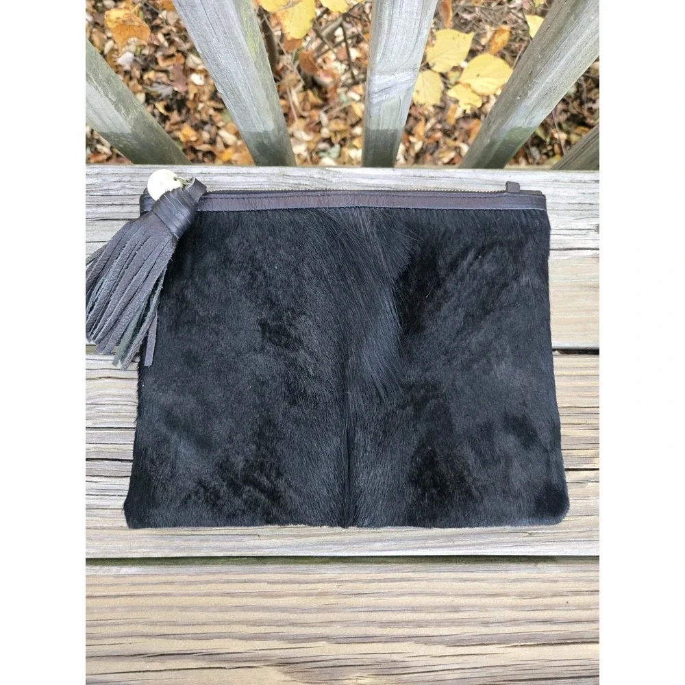 VASH Black Calf Hair Leather Purse Clutch Bag Black Fringe